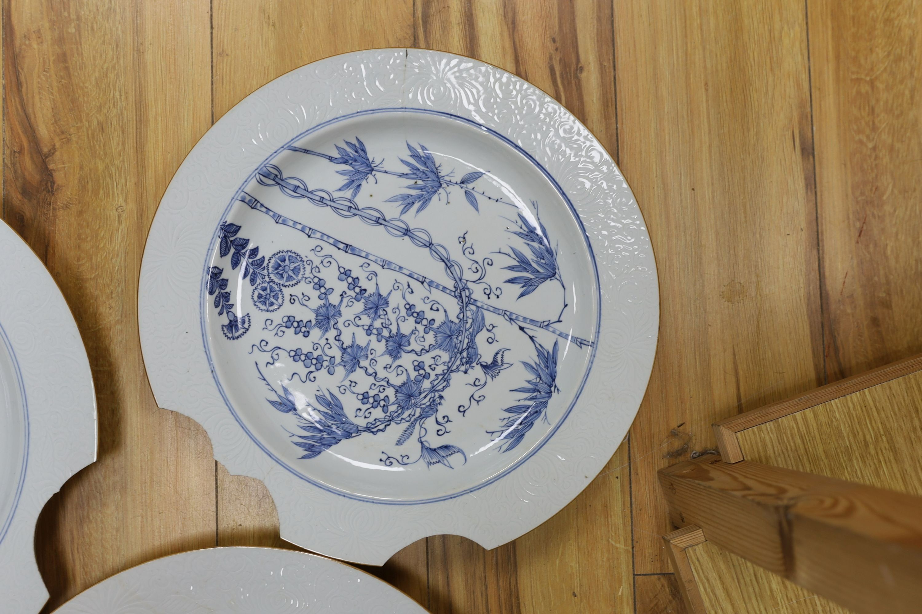 A group of three 18th century Chinese blue and white ‘squirrel, bamboo and vine’ chargers (a.f) 42cm
